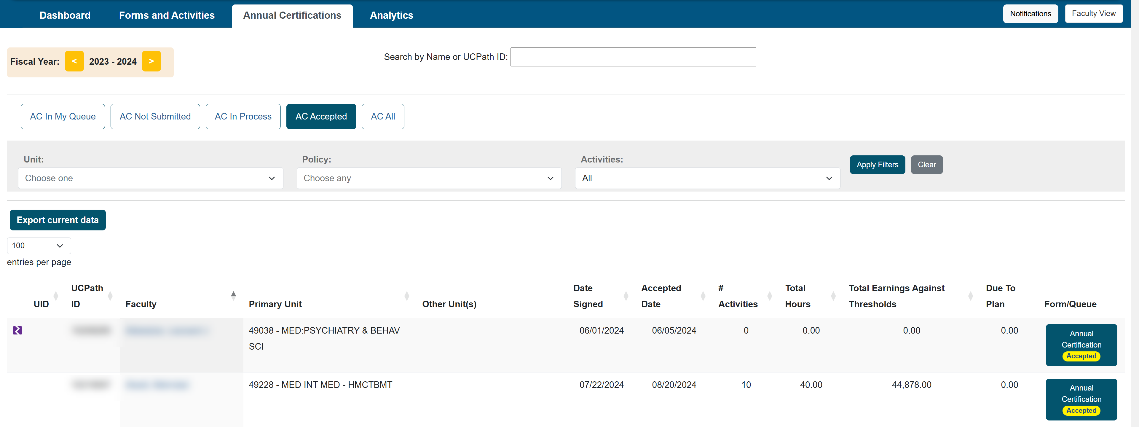 AC Accepted tab that shows annual certification reports that have received final acceptance