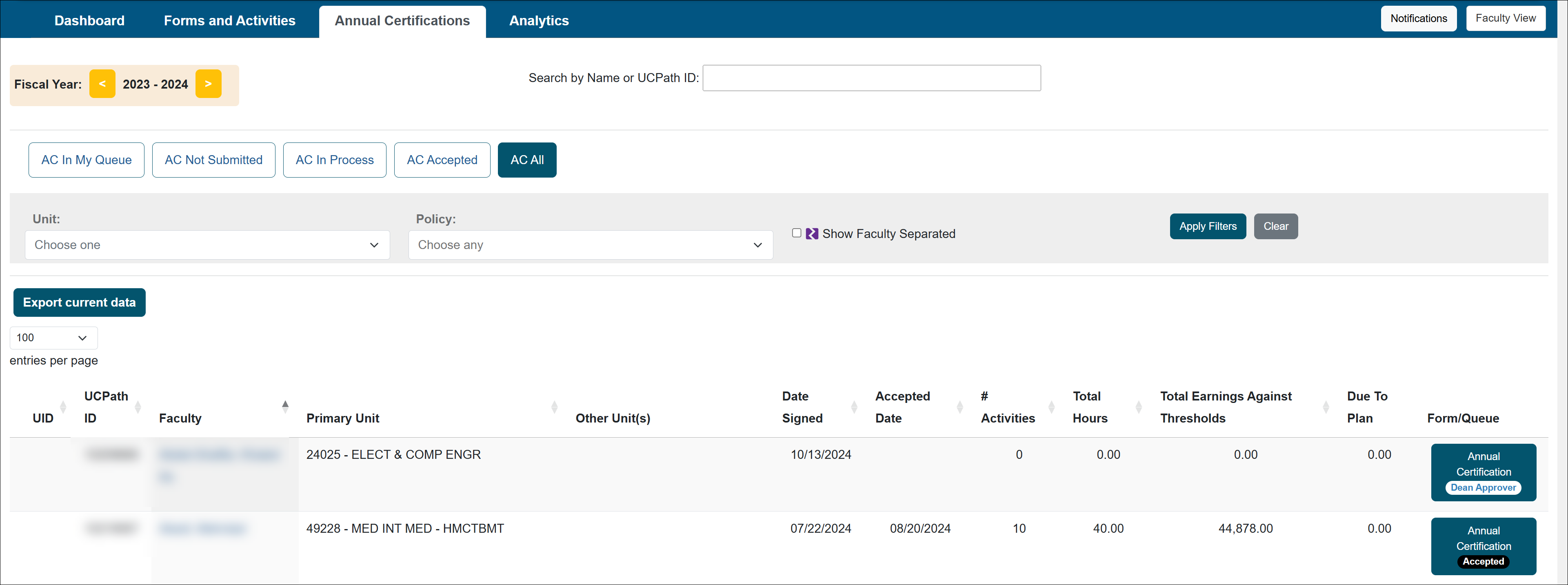 AC Accepted tab that shows annual certification reports that have received final acceptance