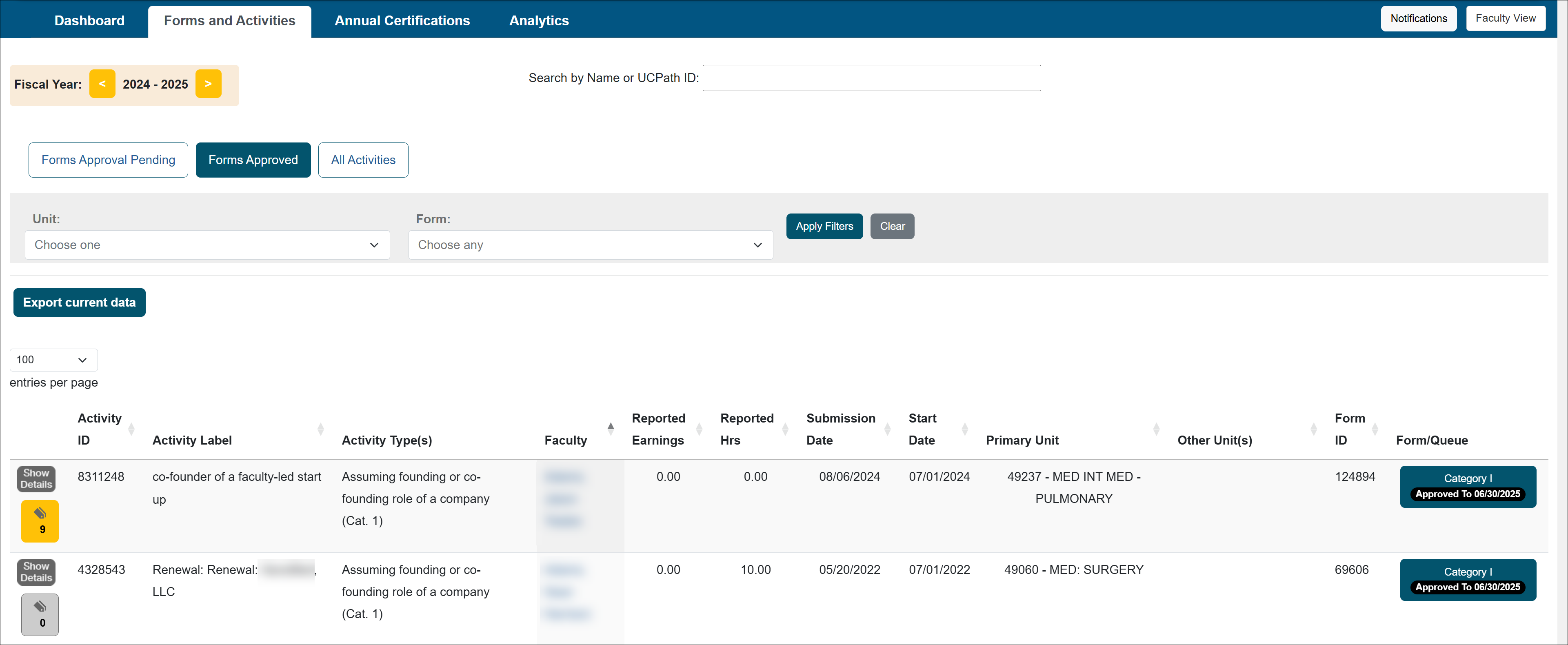 forms approved tab that shows approval forms within the department/unit that have received final approval