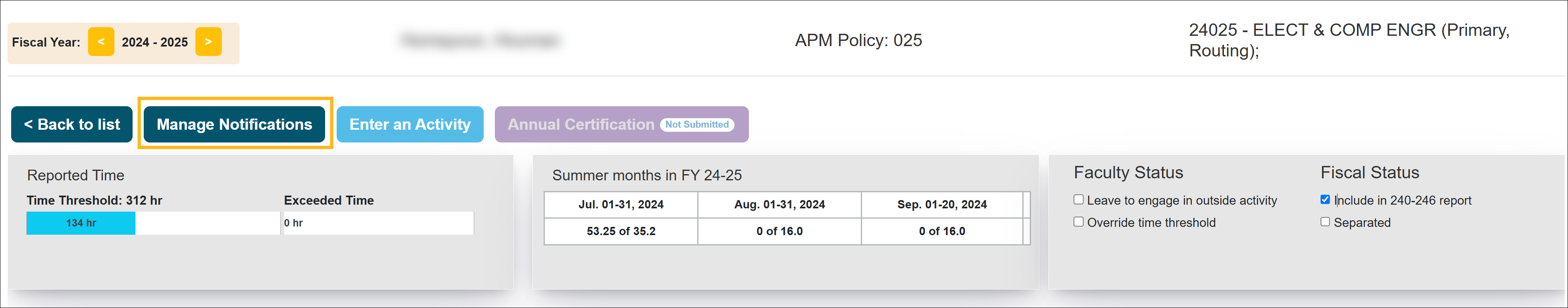 manage notifications button for faculty