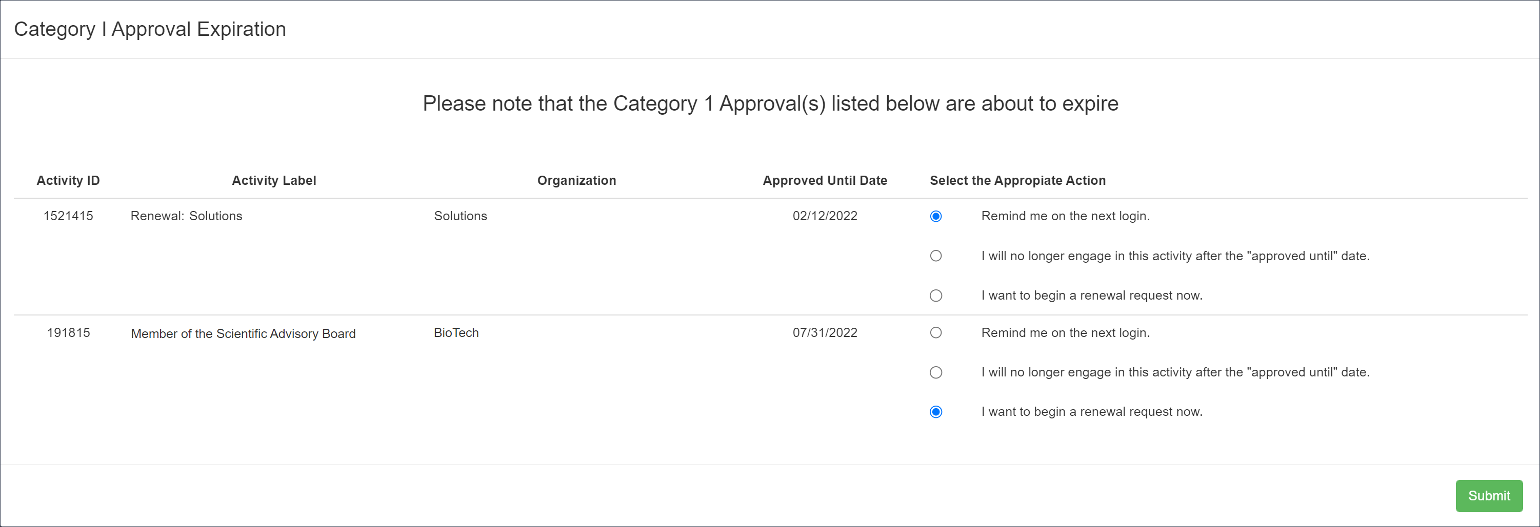 Renew Category I form