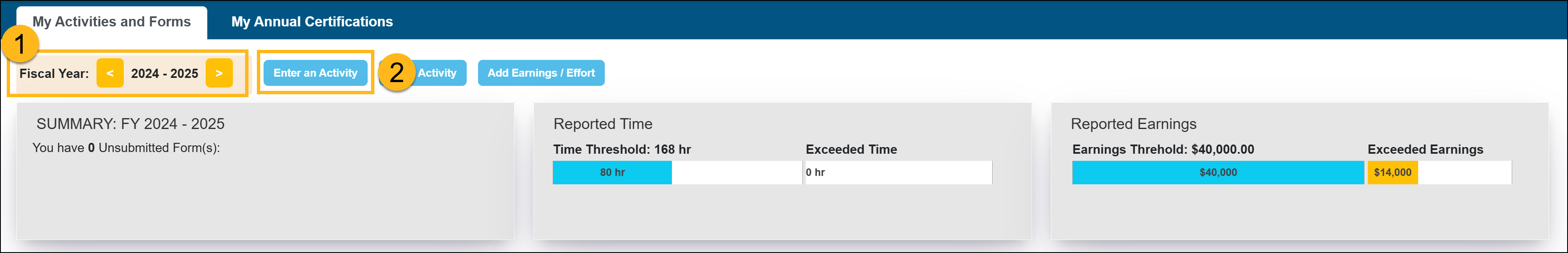 faculty workspace page that shows entering an activity by fiscal year