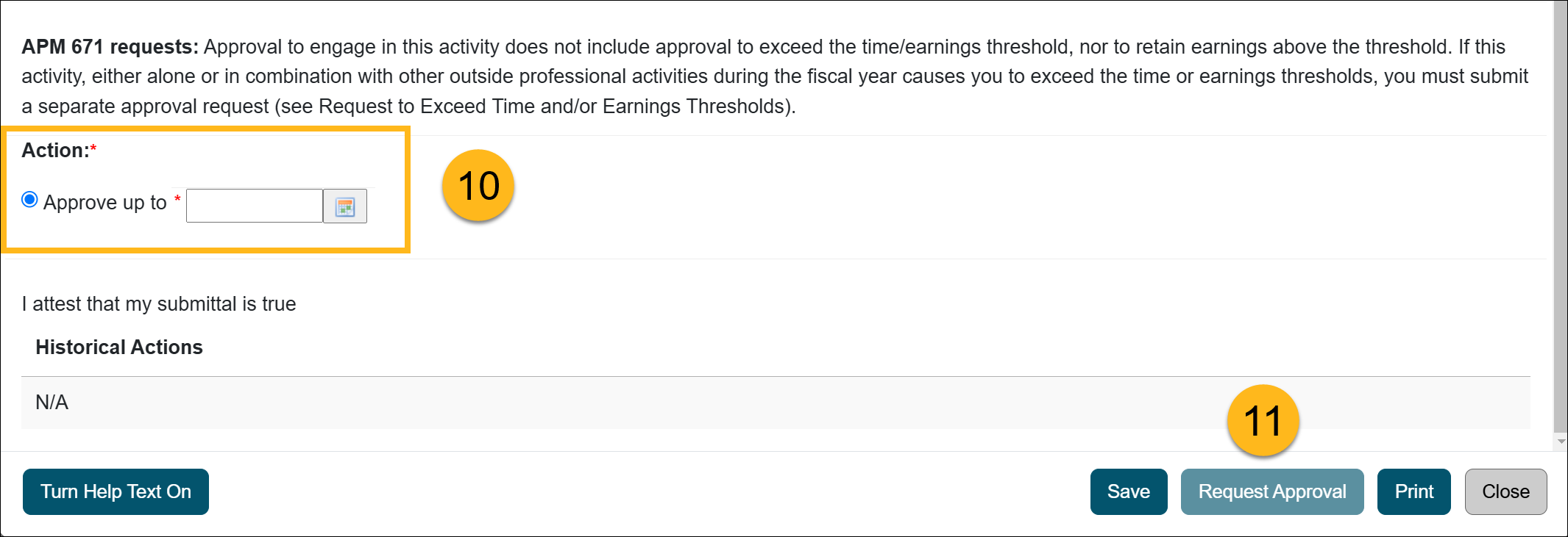 actions section and request approval button when entering a form