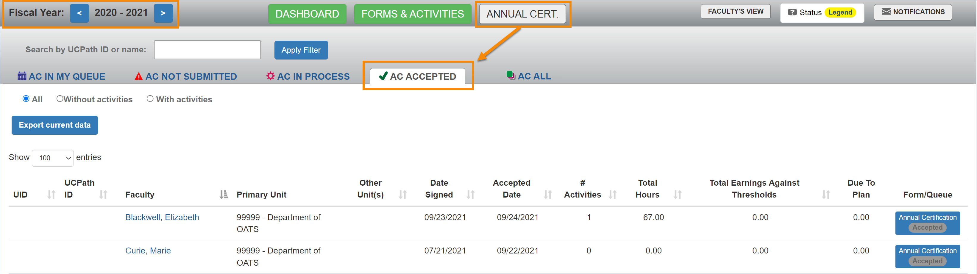 AC Accepted tab that shows annual certification reports that have received final acceptance