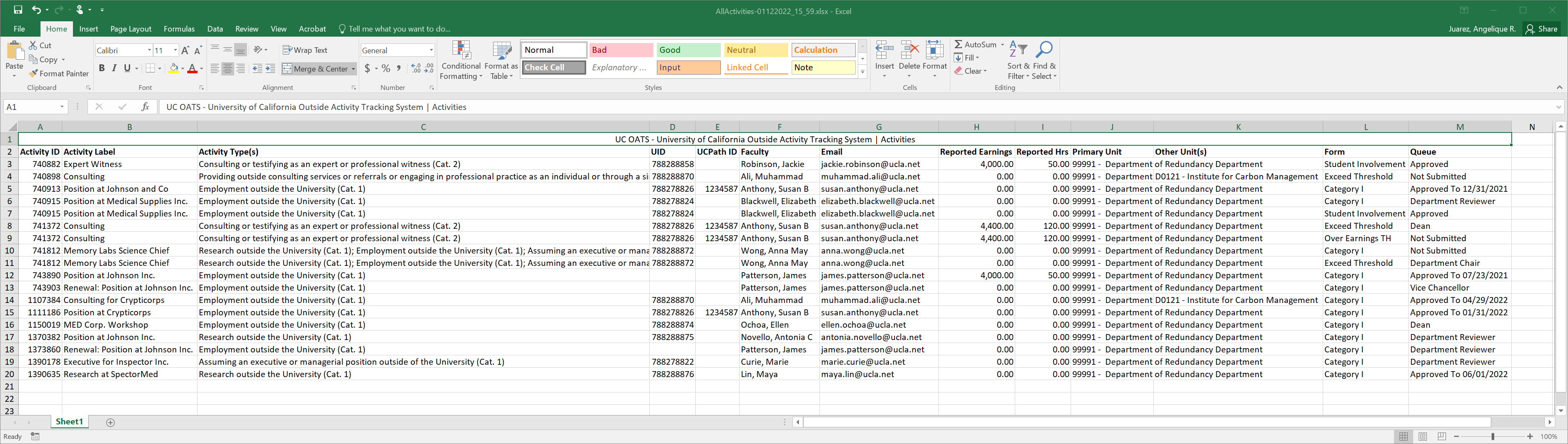 example of exporting data to a spreadsheet