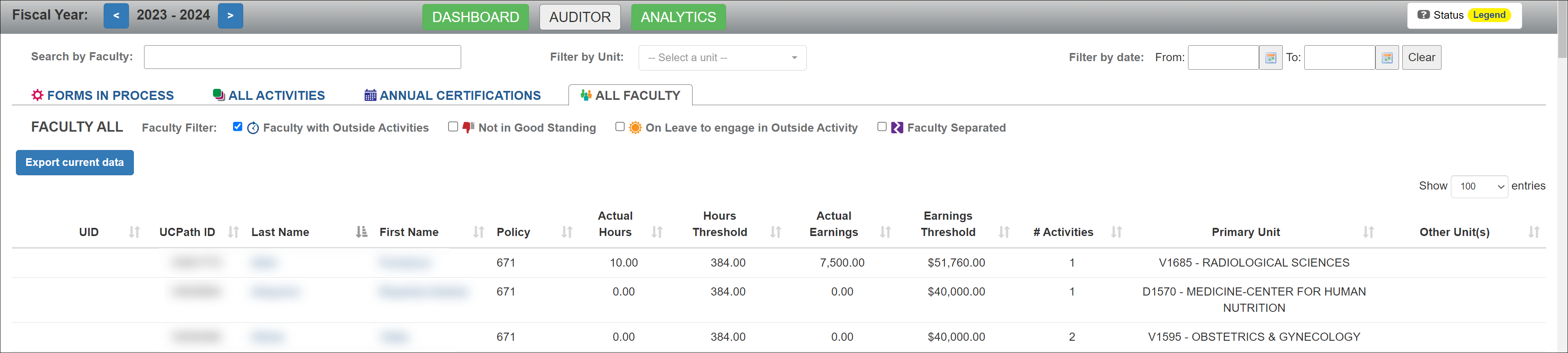 The All Activities section of the Auditor website