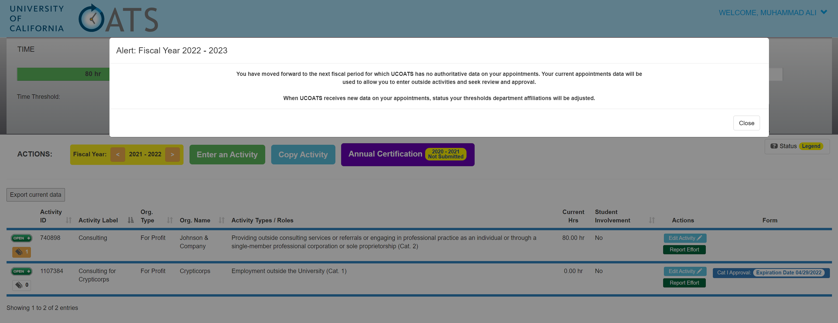 University of California Outside Activities Tracking System