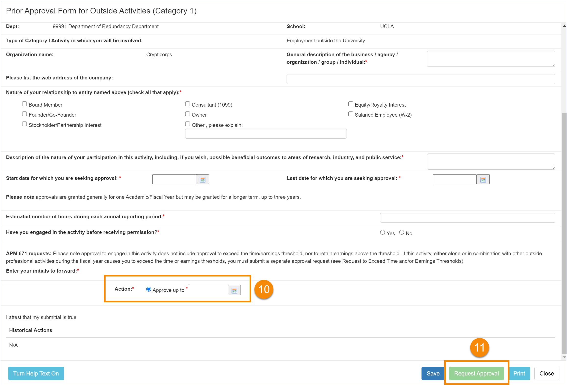 actions section and request approval button when entering a form