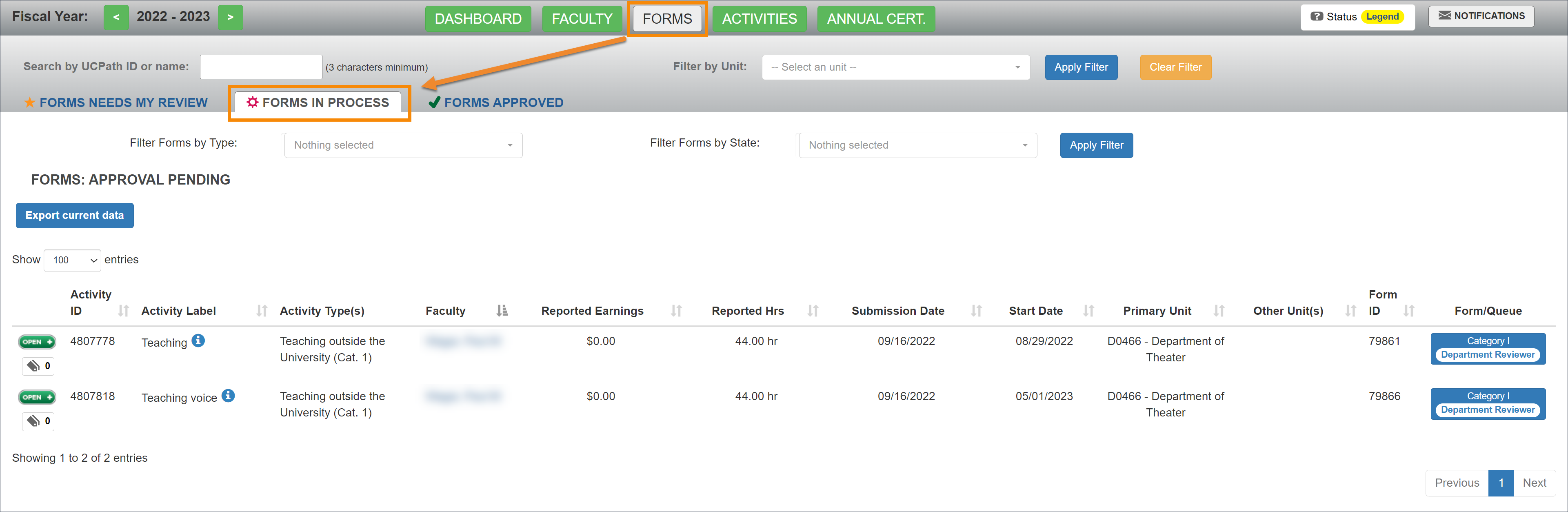 Forms In Process tab that shows all prior approval forms that have not yet received final approval/acknowledgment