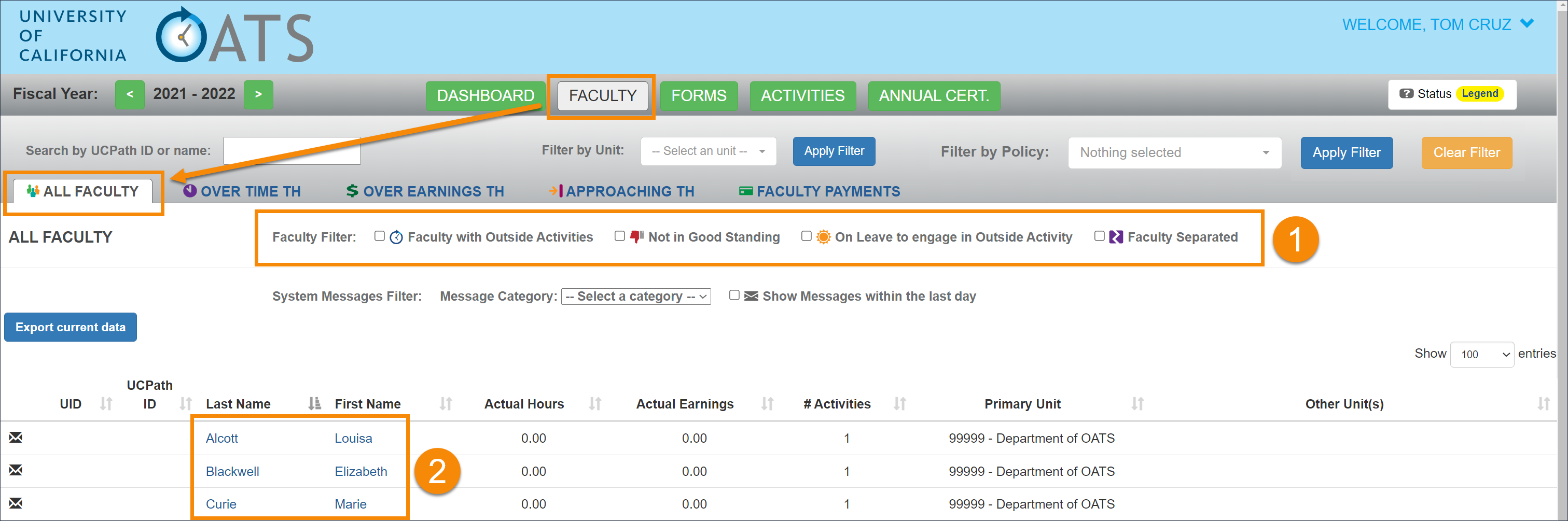 faculty tab that displays all faculty within the selected department/unit with filter options