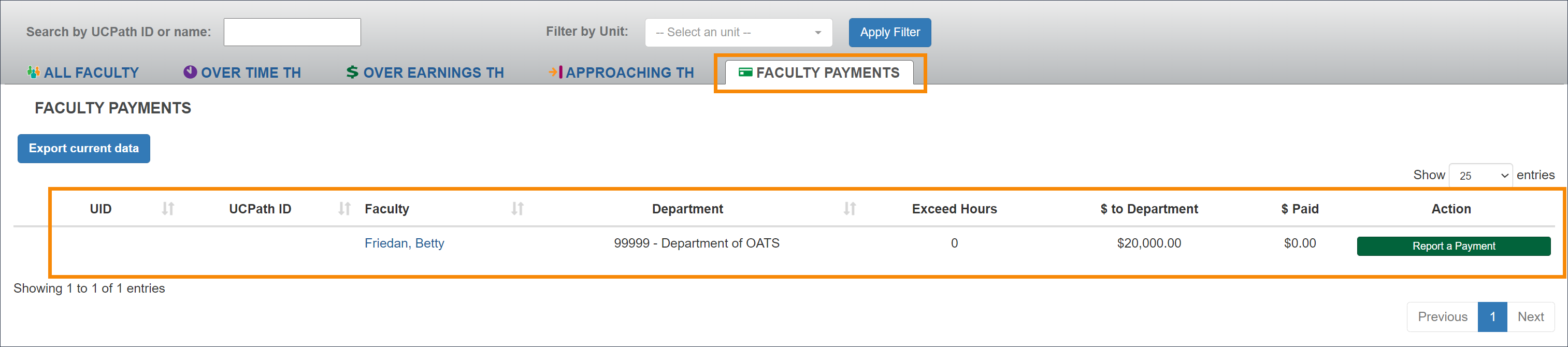 Faculty Payments tab that lists faculty members that Health Science faculty would document payments made to the Health Sciences Compensation Plan