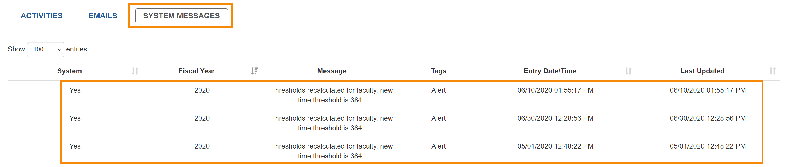 system messages tab that shows system alerts that have been generated