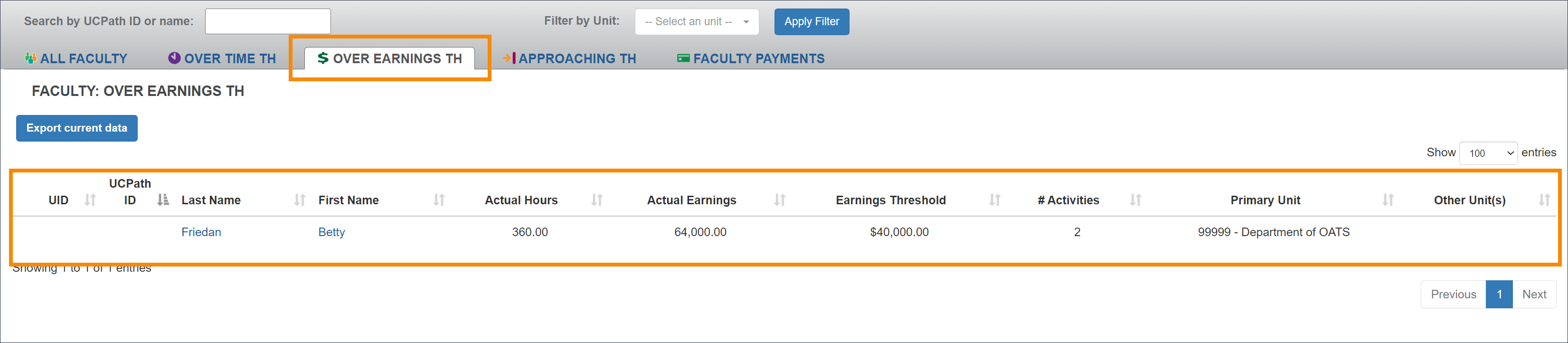 Over Earnings Threshold tab that shows Health Science faculty members that exceed their earnings threshold