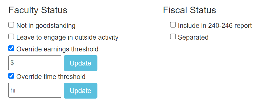 Faculty Status and Fiscal Status section and listed options
