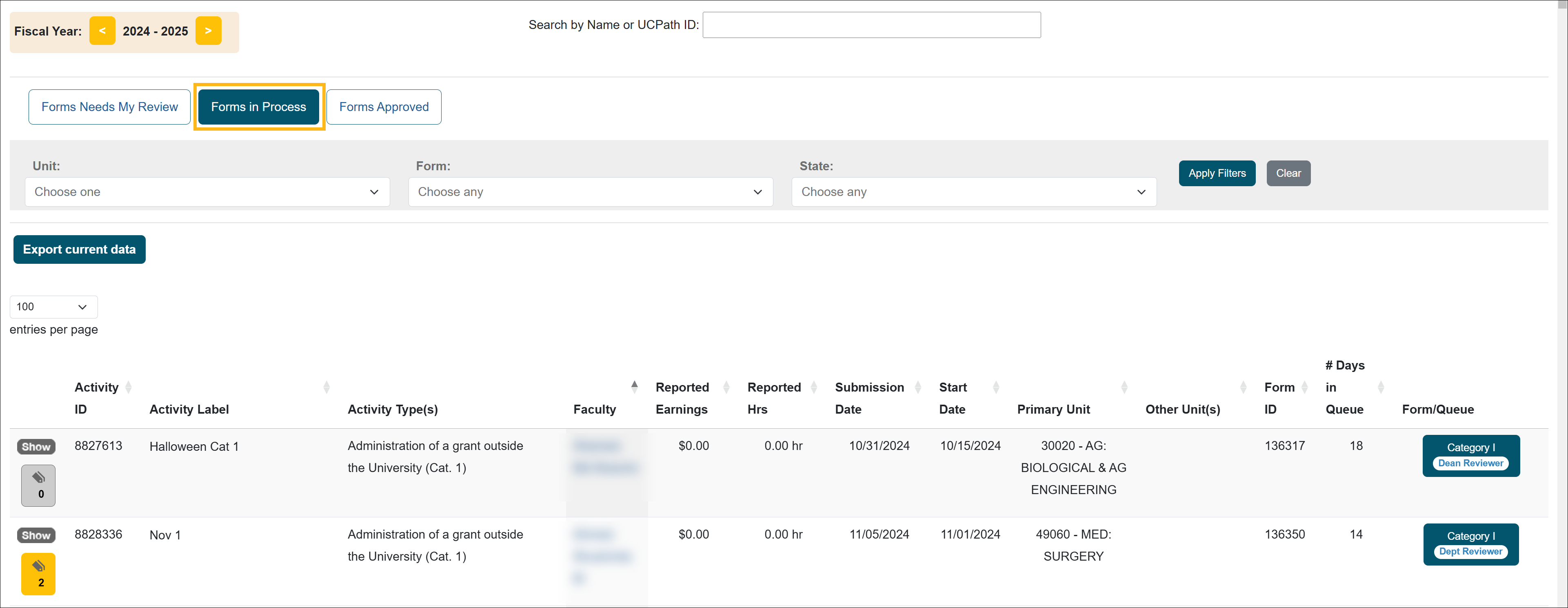 Forms In Process tab