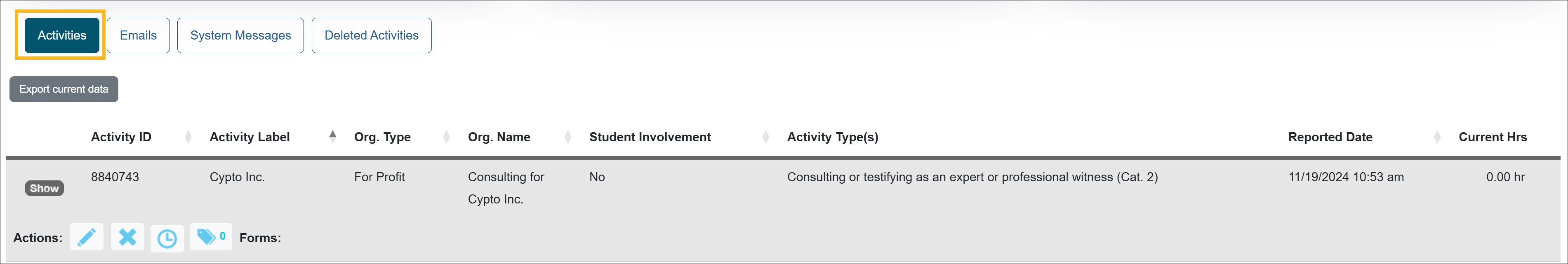 activities tab of faculty members list of activities and prior approval forms