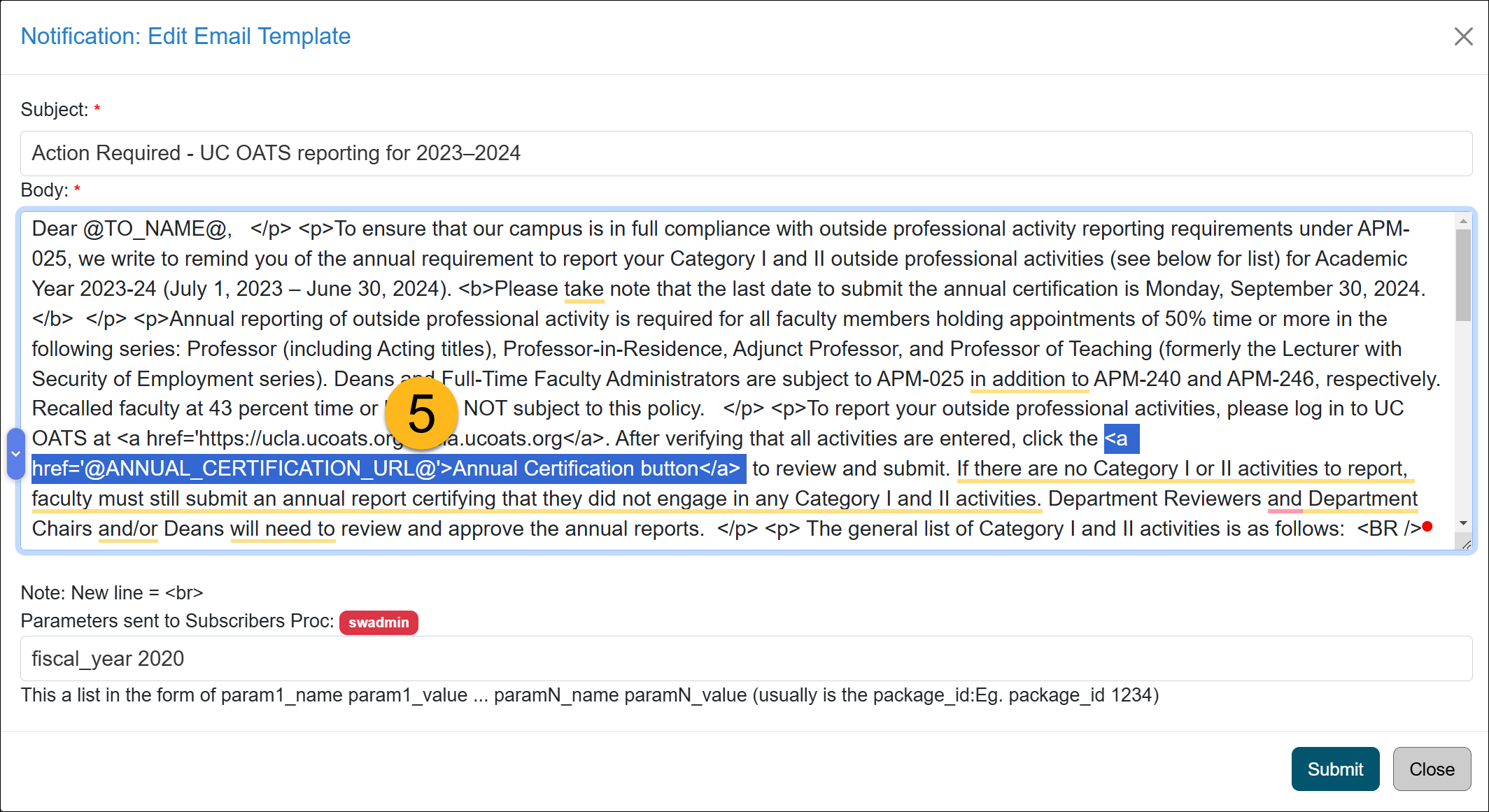 form for editing the email template