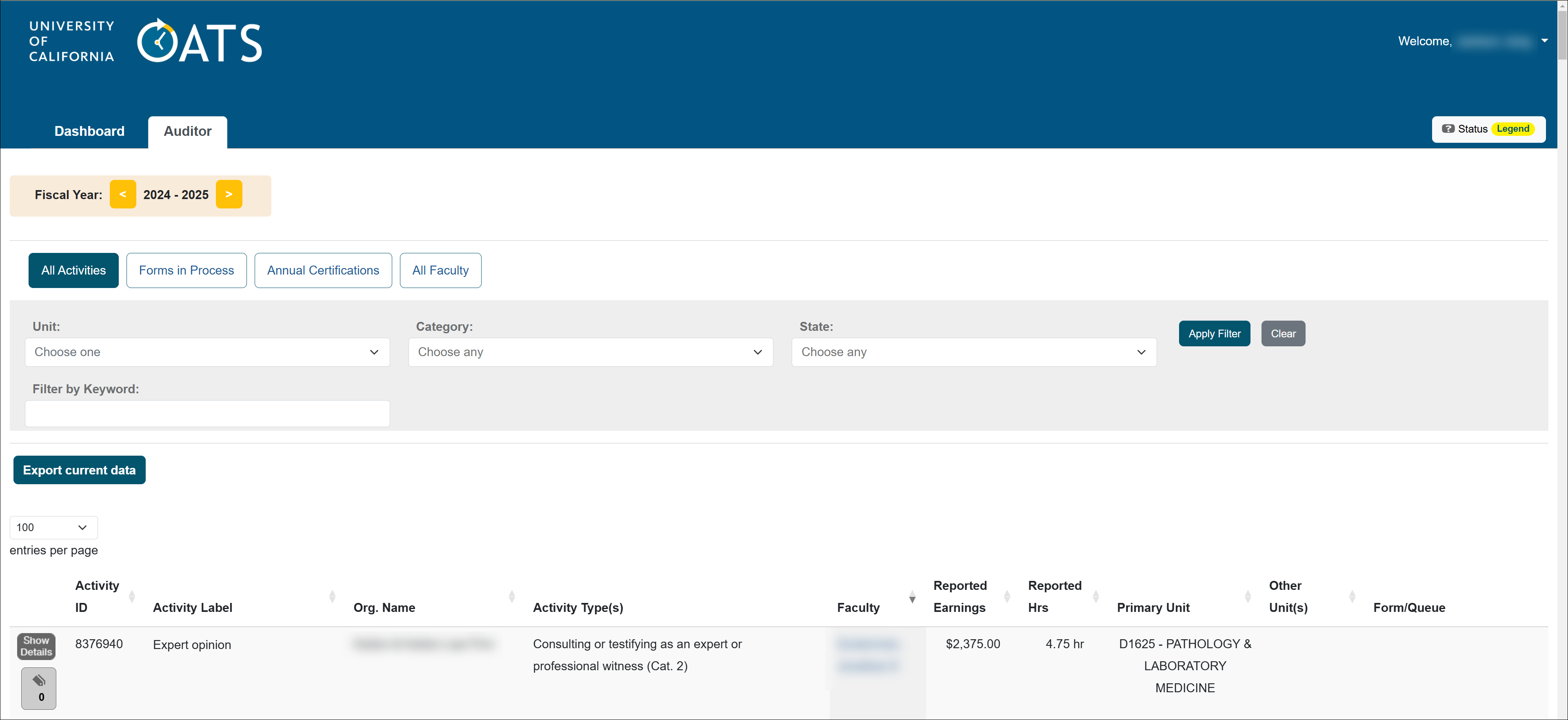 Auditor Workspace page