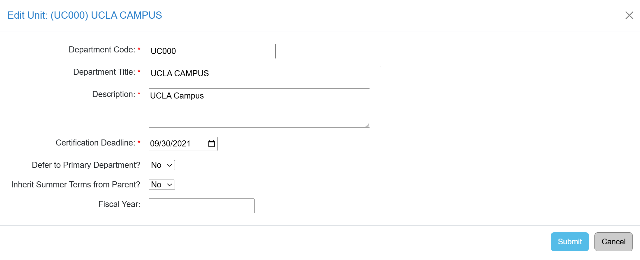 form to edit the department/unit