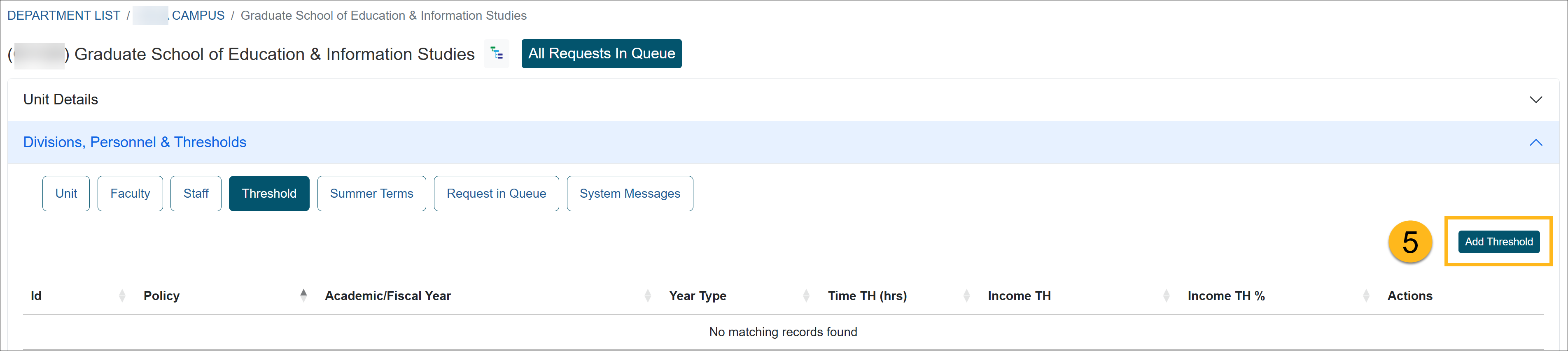 App Admin Thresholds tab