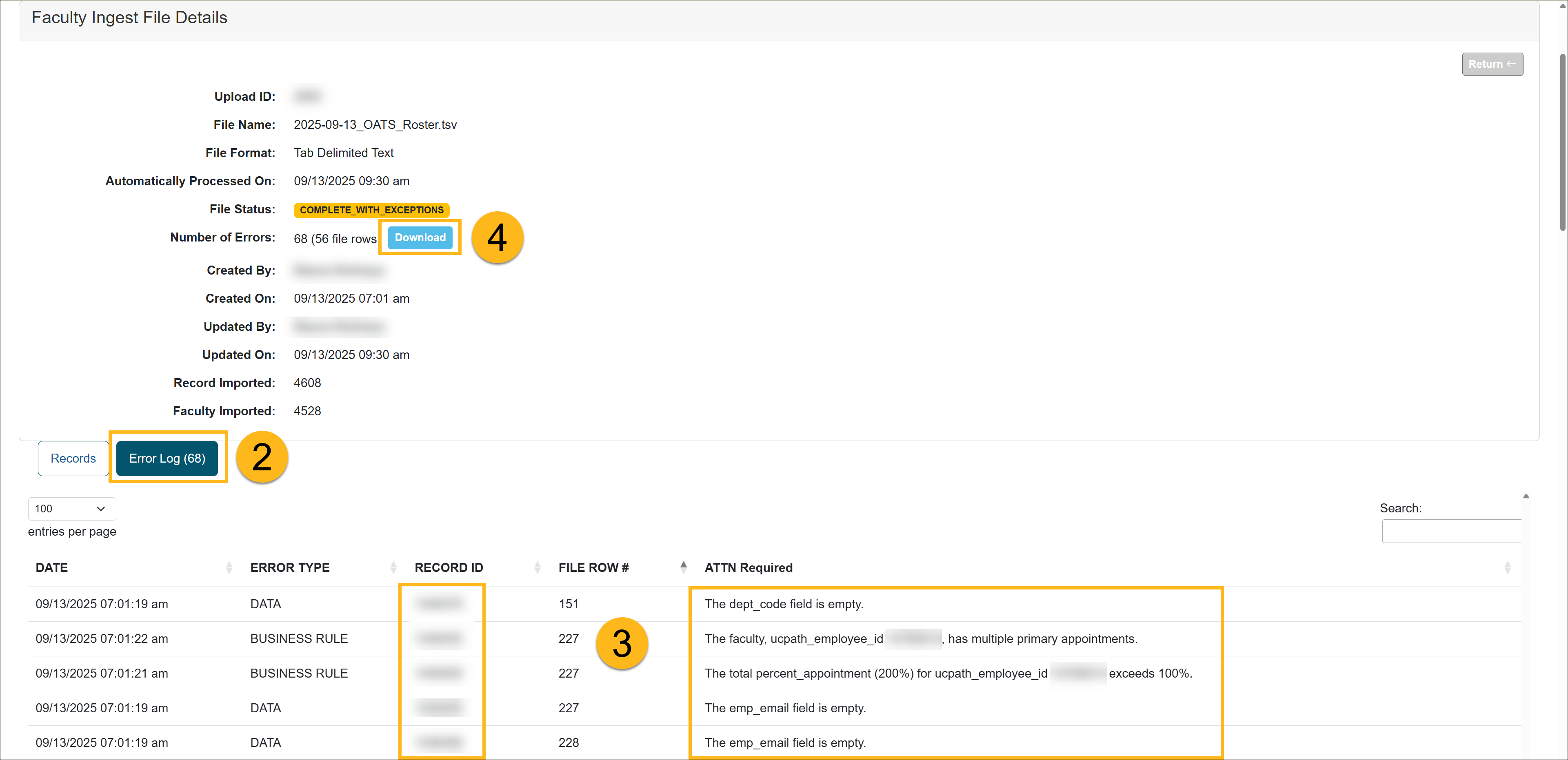 Faculty data upload error log