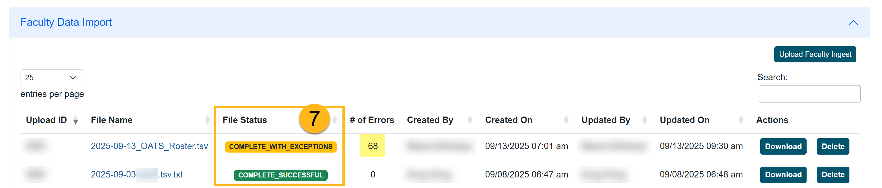 Faculty data import file status