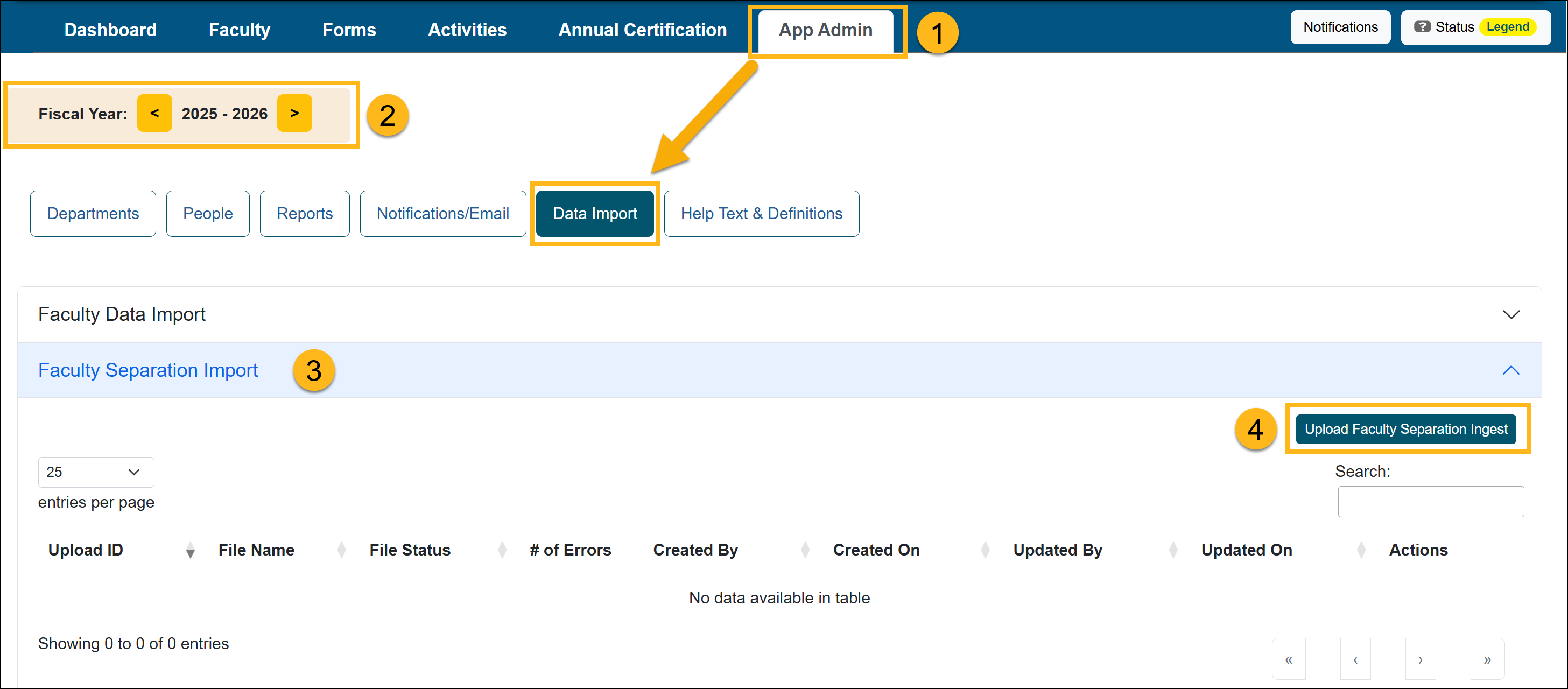 Data import - Faculty Separation Import section