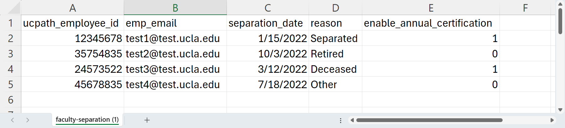 Faculty separation sample file in Excel