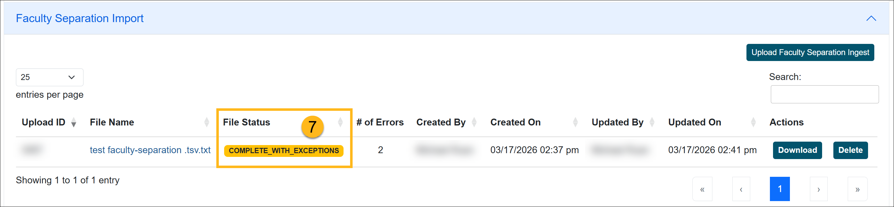 Faculty Separation Import file status