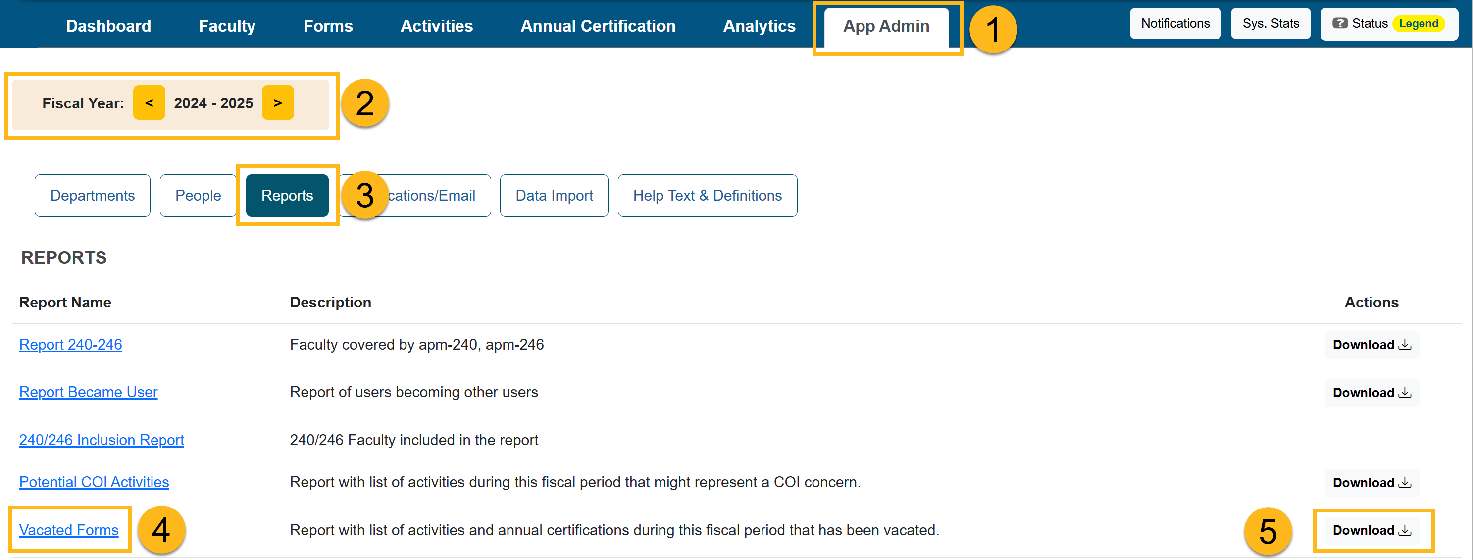 reports tab page showing Vacated report