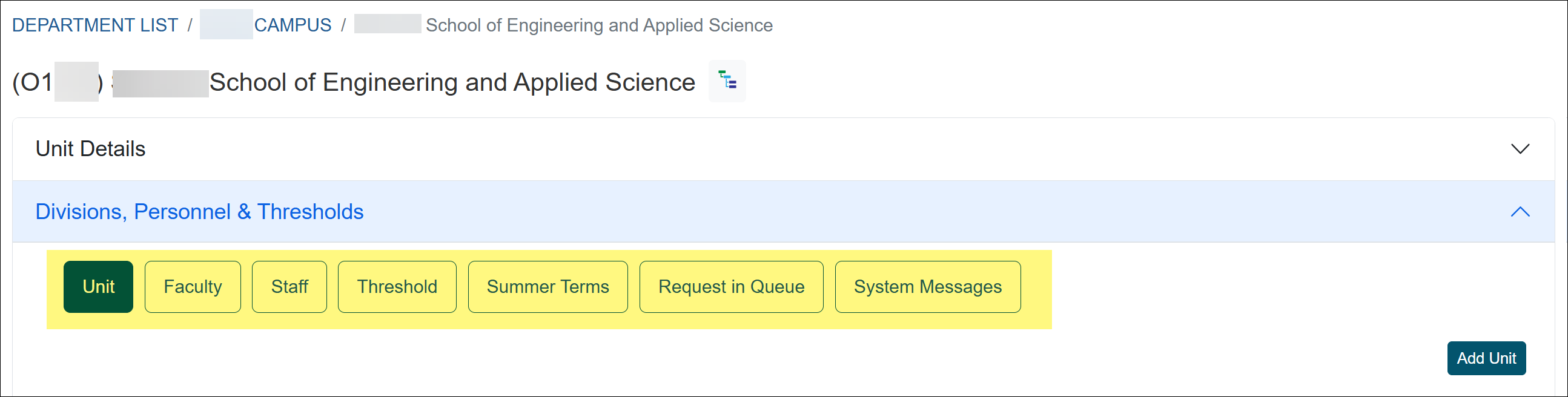 Options under department such as faculty, staff, threshold, summer terms, requests in queue, and system messages buttons