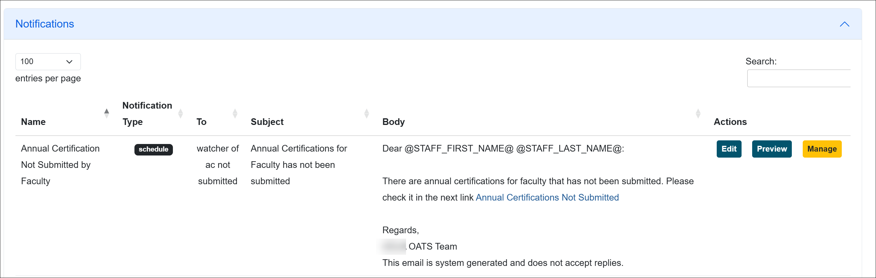 Example of notification