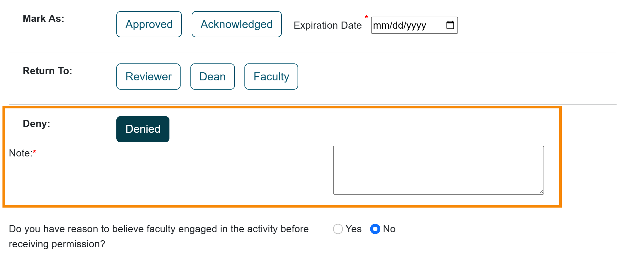 Faculty Category I form - final approver deny fields