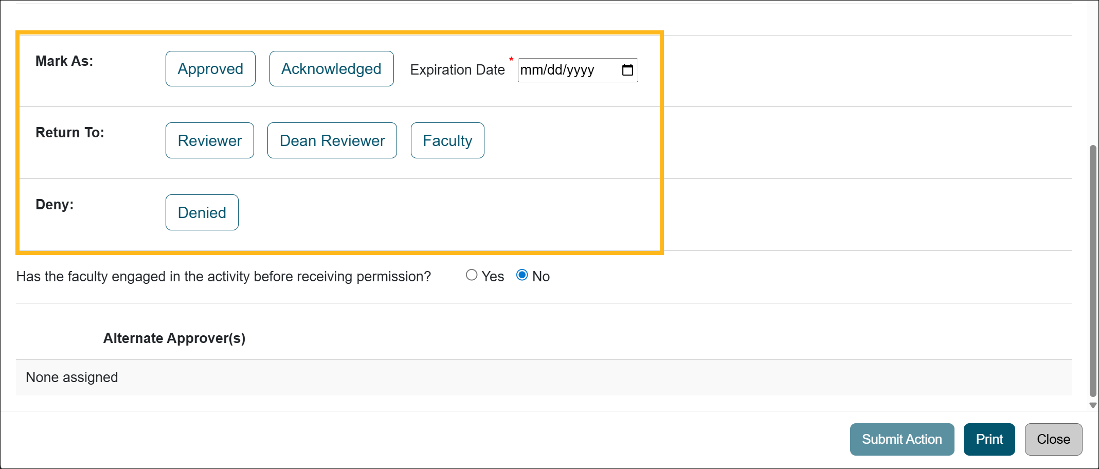 Category I form at the final approval stage showing the approval options