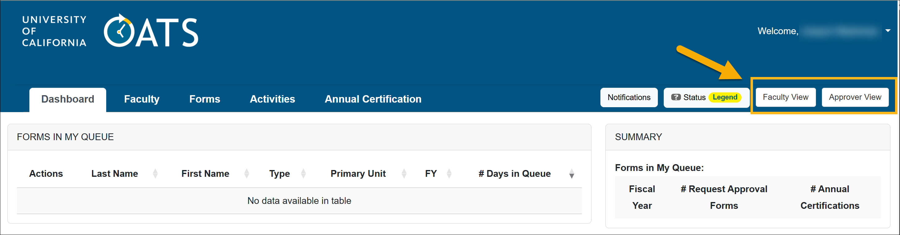 Approver dashboard with switch to faculty option