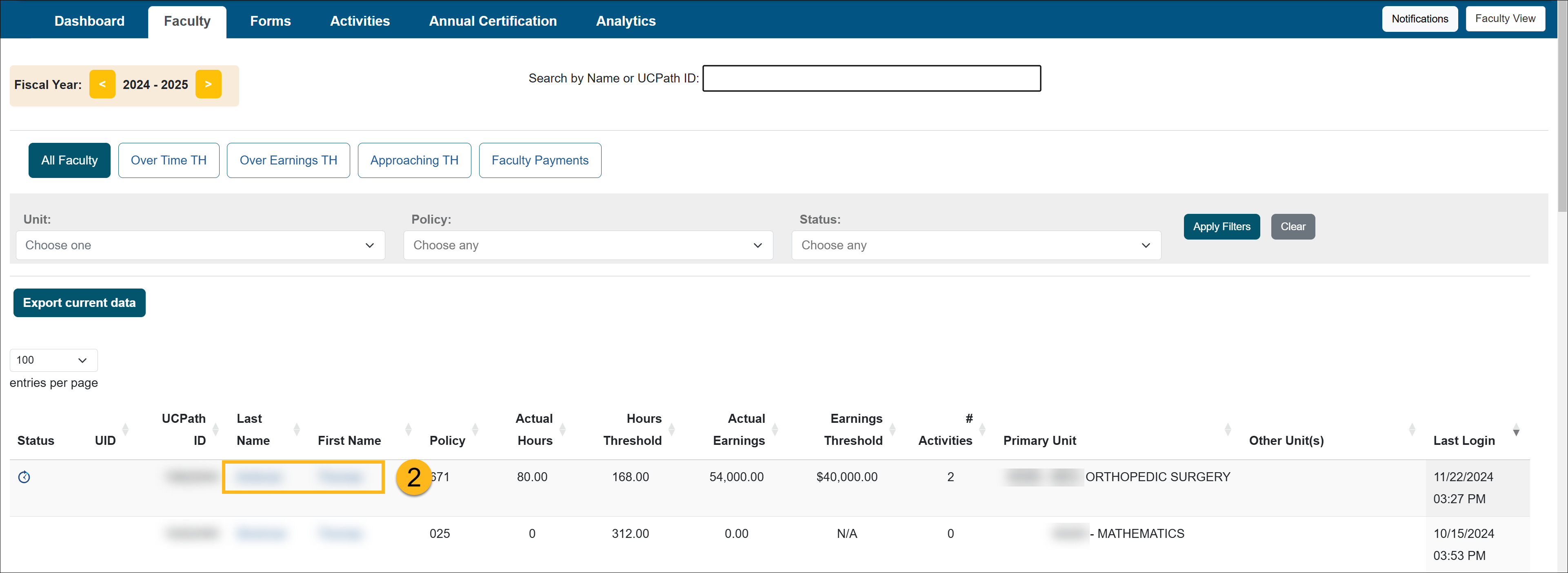 All Faculty page with faculty name selected