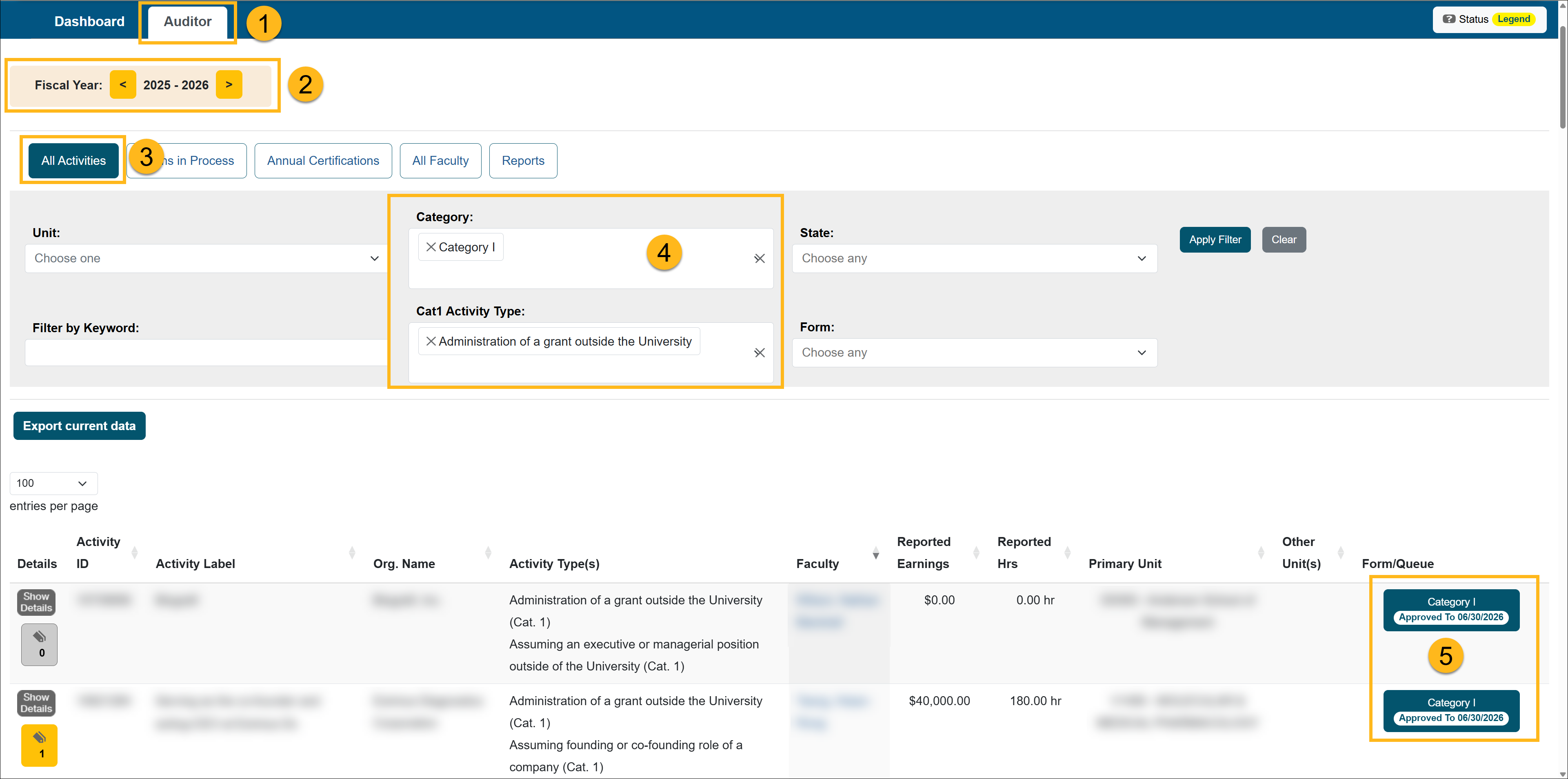 Locate faculty with Category I forms with in-kind questions