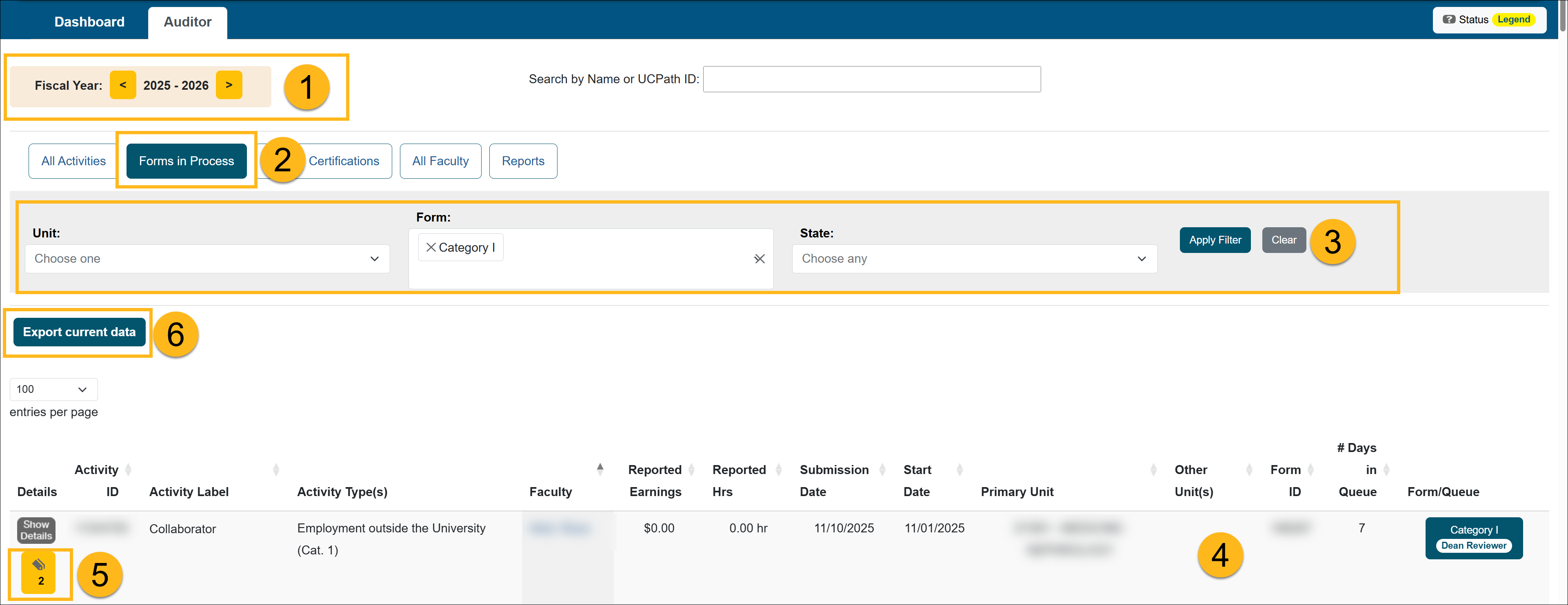 The Forms in Process section of the Auditor workspace