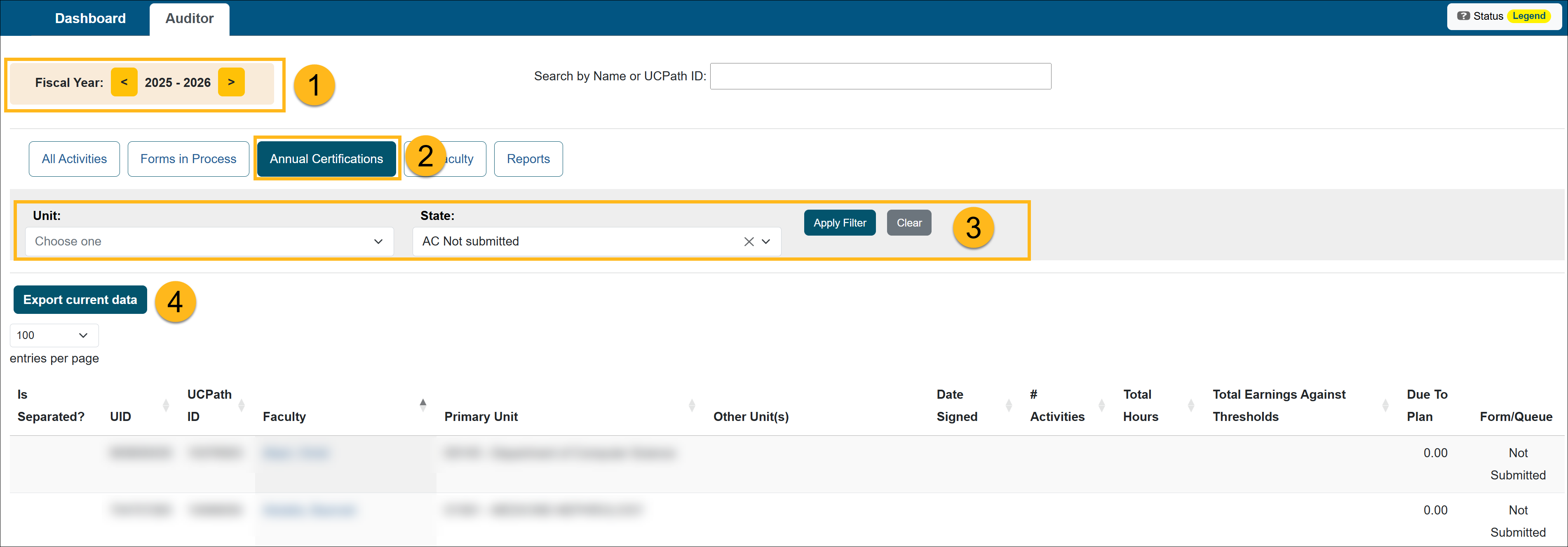Auditor tab- Annual Certifications section