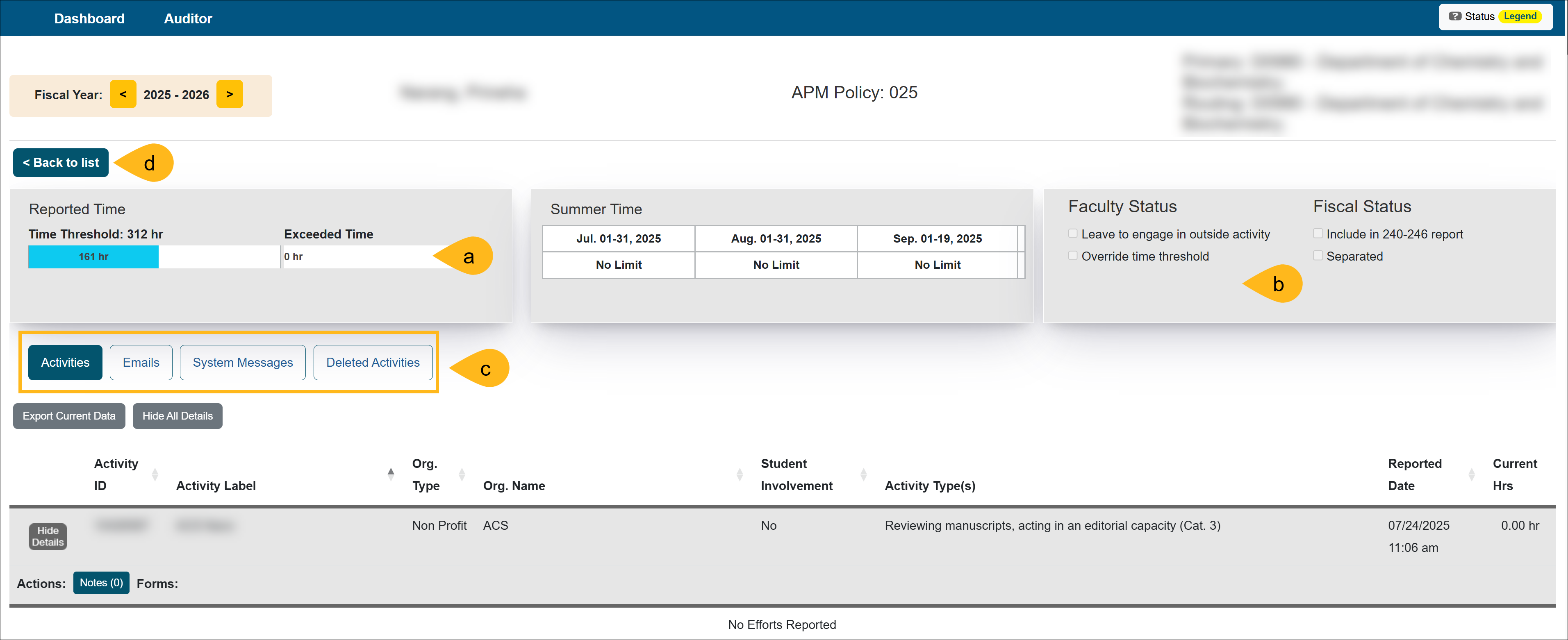 The Auditor tab- The Faculty Details page
