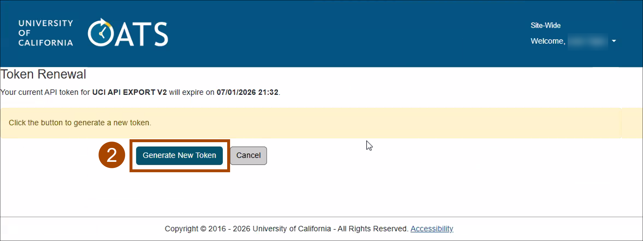 UC OATS Generate new token button