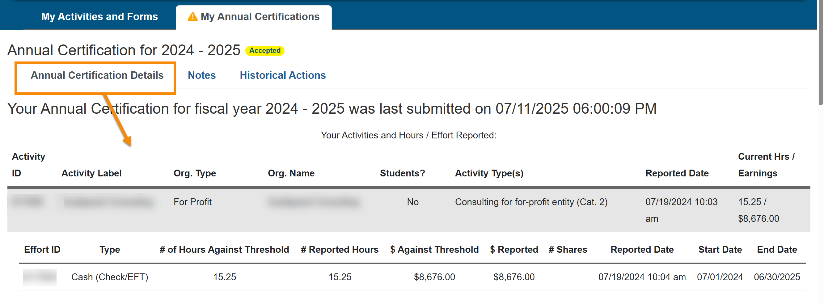 Annual certification details