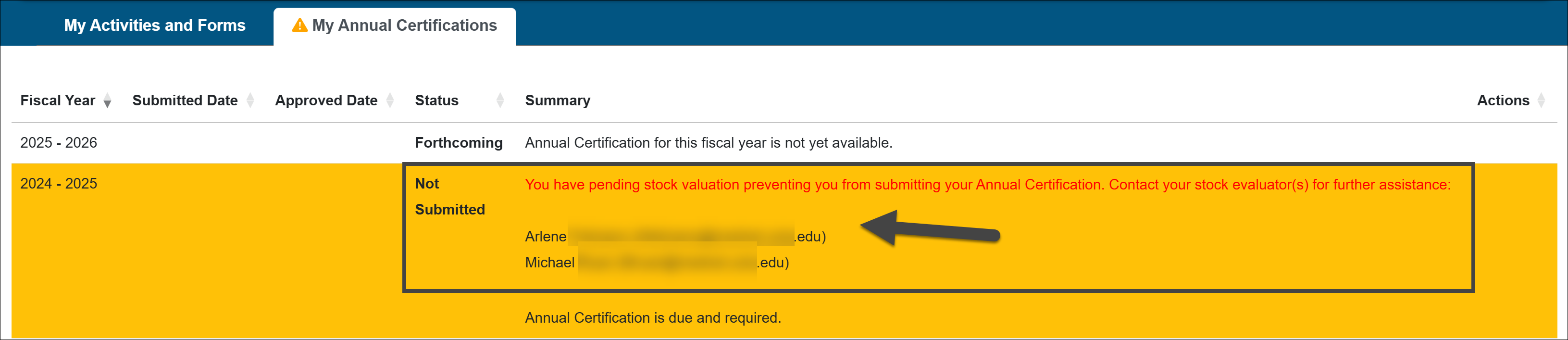 Stock valuation error message with email addresses of reviewers