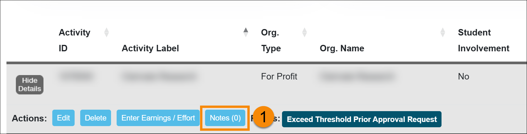 Activity notes button is circled
