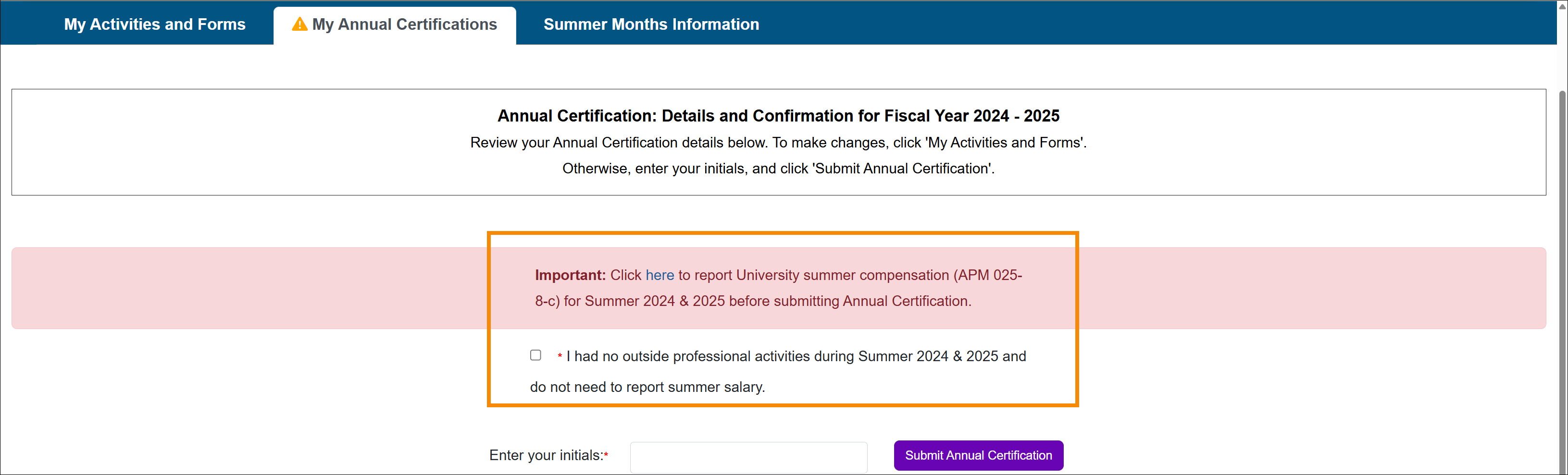 The checkbox option for summer info