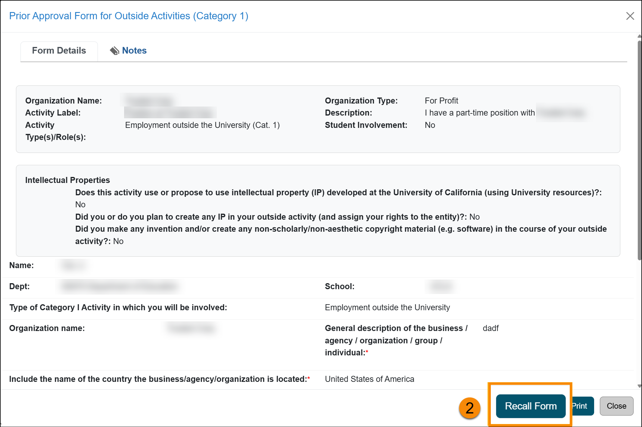 Category I form Recall Form button