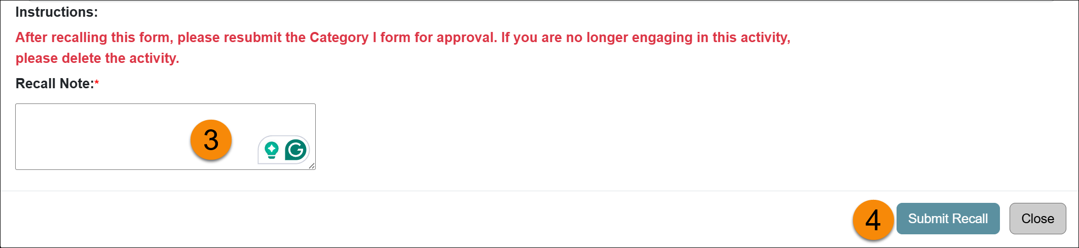 Category I form Recall Note field