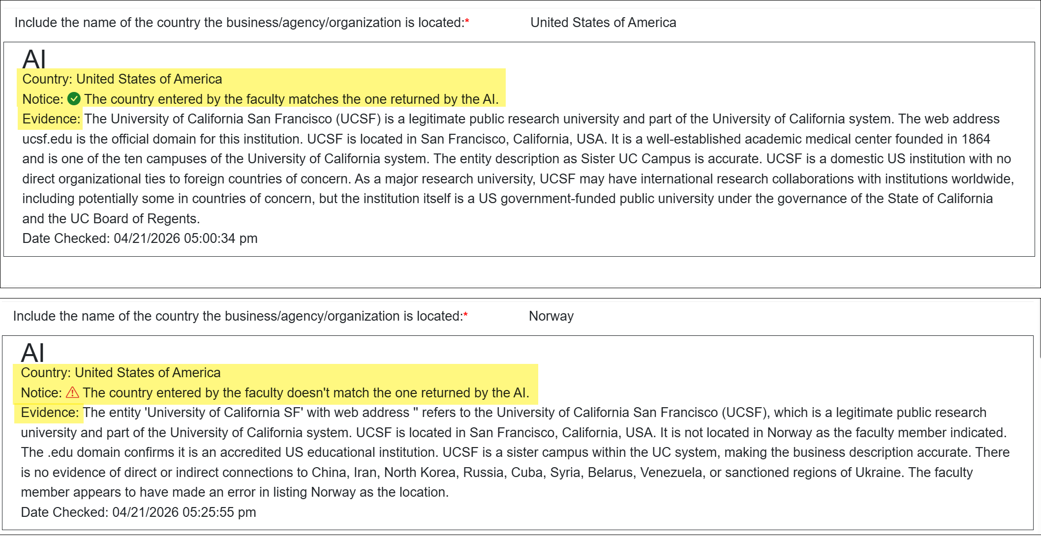 Category I form showing AI organization country verification