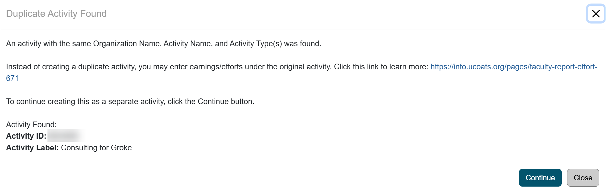 Duplicate activity disclaimer