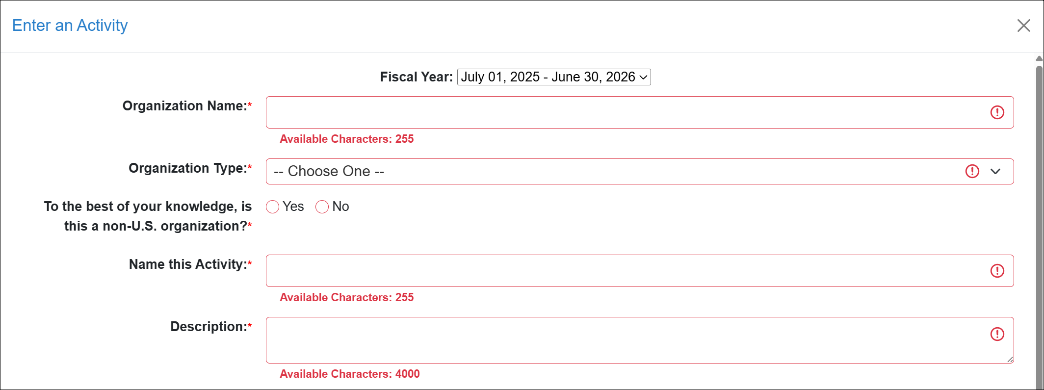Enter an activity form